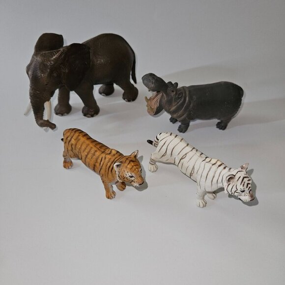 4 Schleich Toy Animals Lot African Elephant 2004 Hippo 1996 Tigers 2007 White - Picture 1 of 16